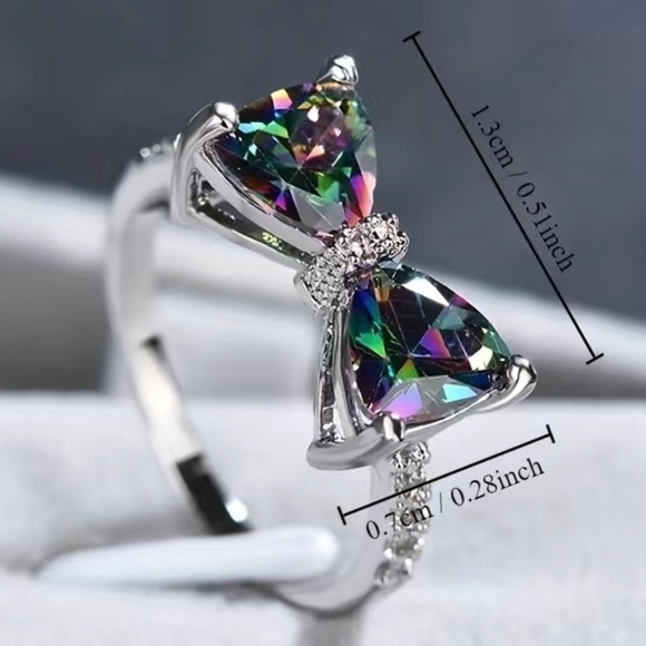 Multi Colored Inlaid Topaz Bow Designed Ring Size 8 - Picture 2 of 7